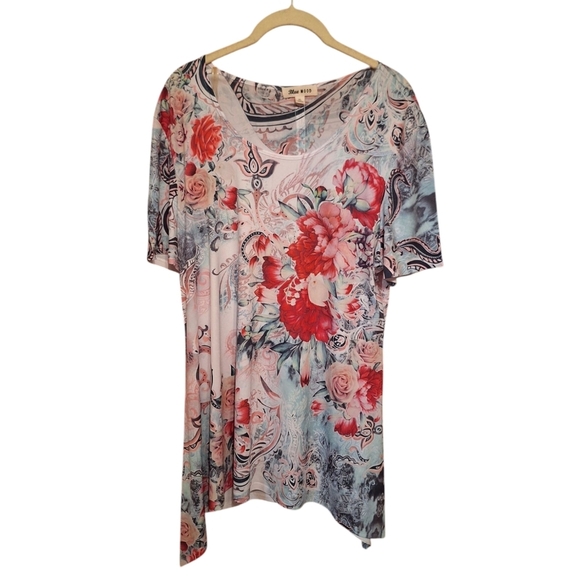Blue Mood Tops - Blue Mood Floral Asymmetrical Hem Longer Tunic Ladies XL Boho Hippie Roses